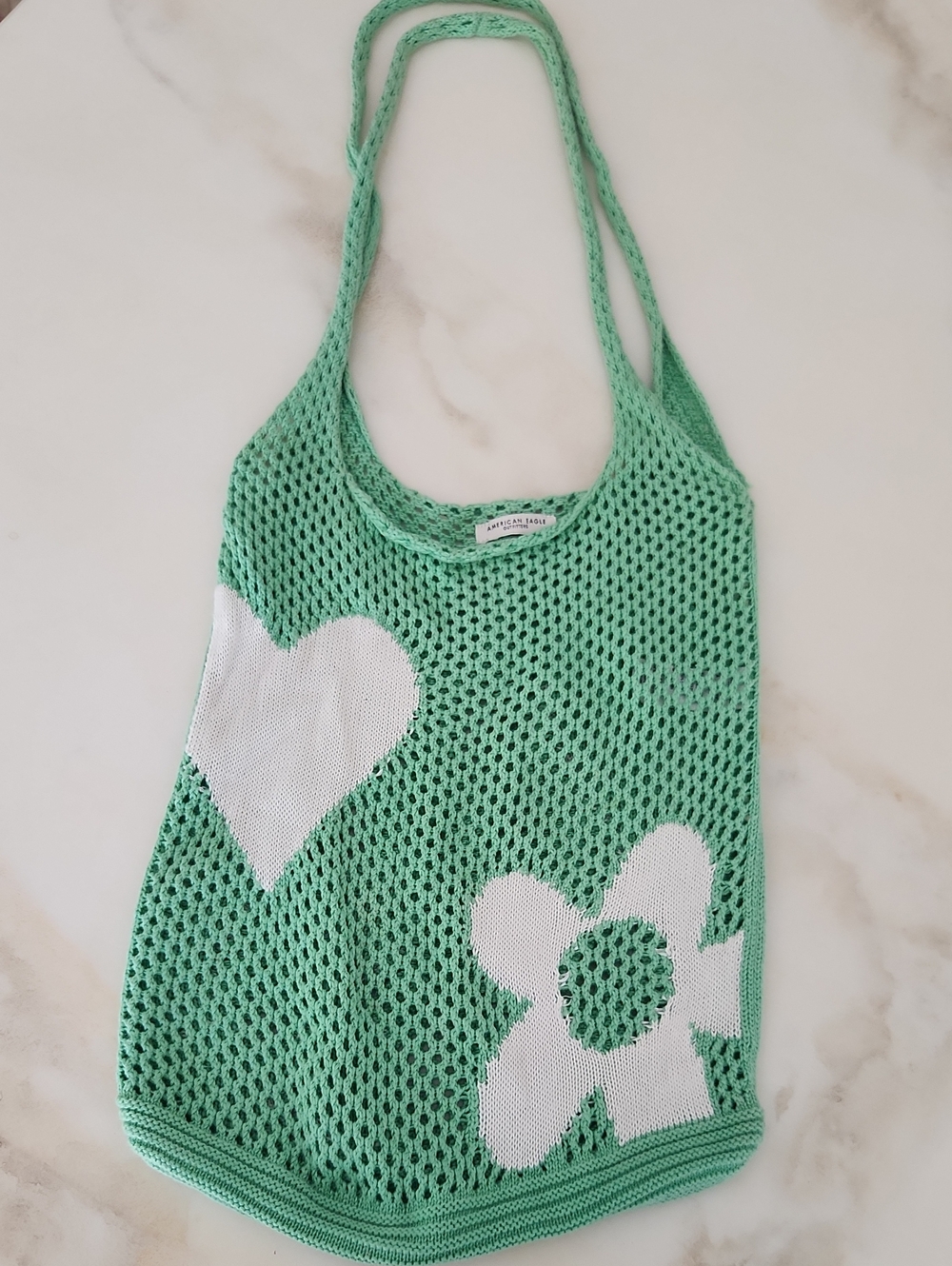 American Eagle Outfitters Mint Green Mesh Tote with White Heart & Flower
